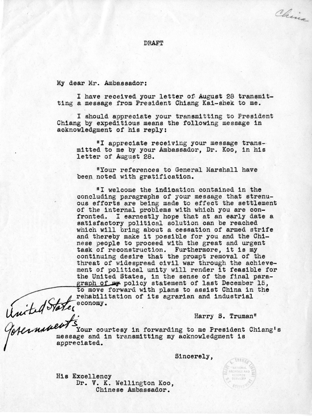 Memorandum from Will Clayton to President Harry S. Truman, With Attachments