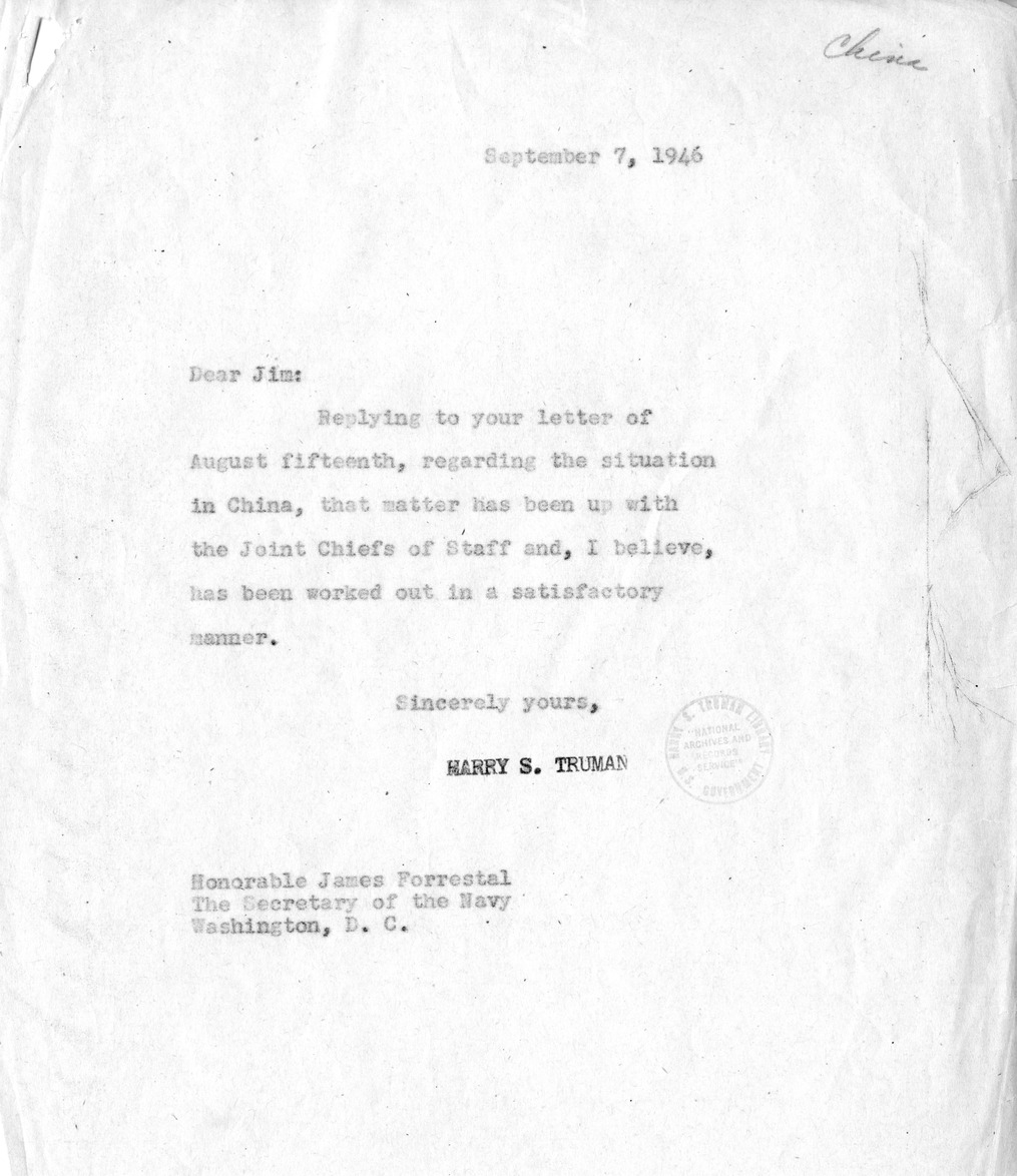 Correspondence Between President Harry S. Truman and Secretary of the Navy James Byrnes
