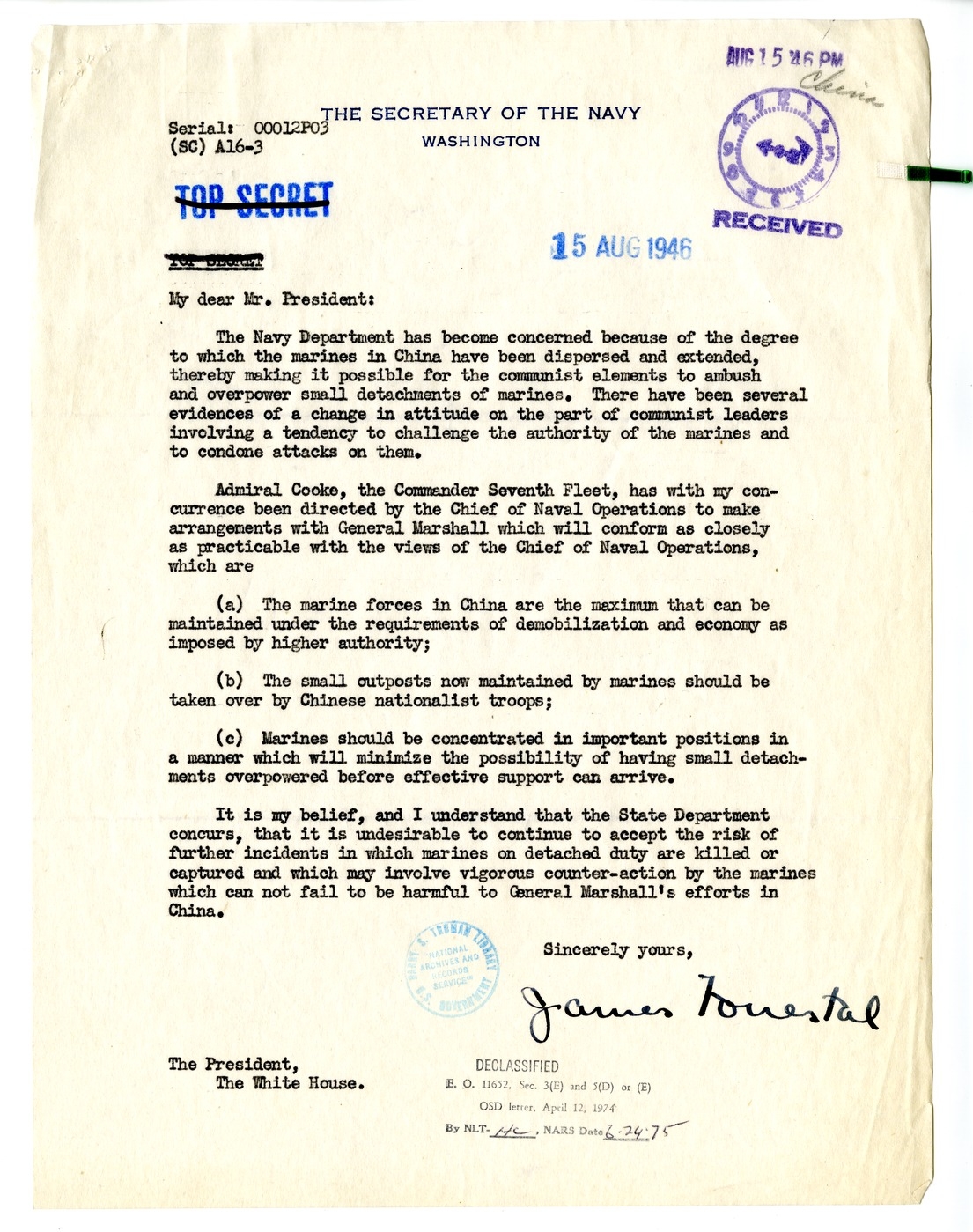 Correspondence Between President Harry S. Truman and Secretary of the Navy James Byrnes