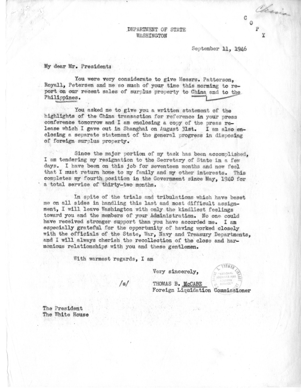 Memorandum from Thomas McCabe to President Harry S. Truman, With Attachments
