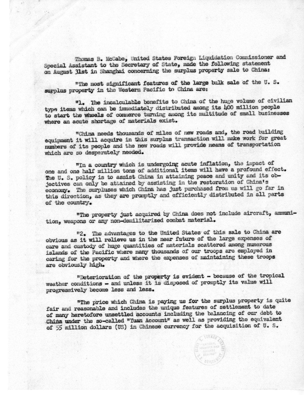 Memorandum from Thomas McCabe to President Harry S. Truman, With Attachments