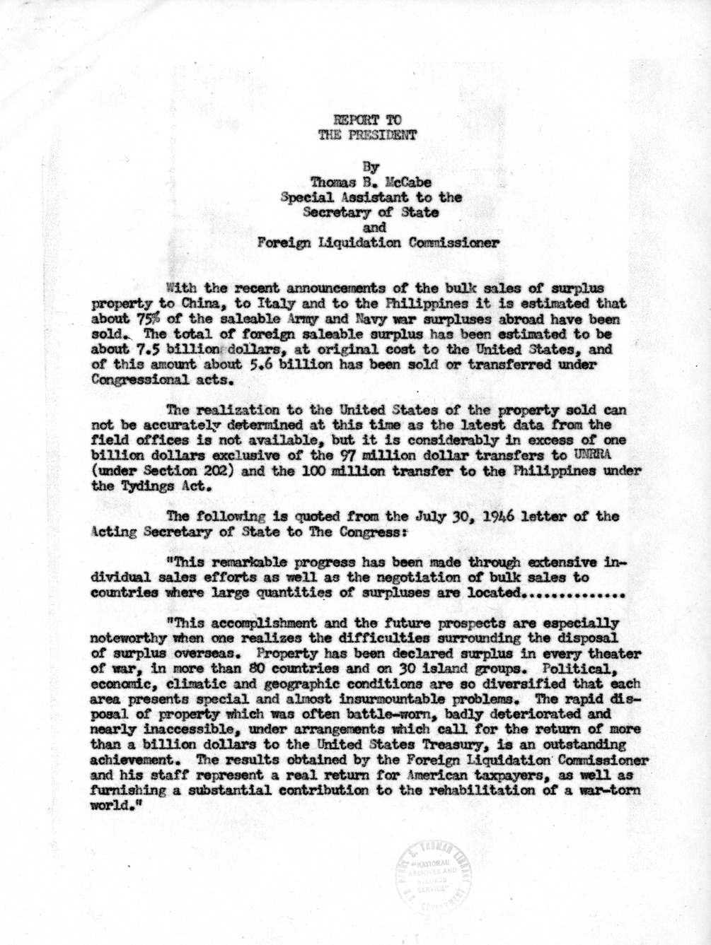 Memorandum from Thomas McCabe to President Harry S. Truman, With Attachments