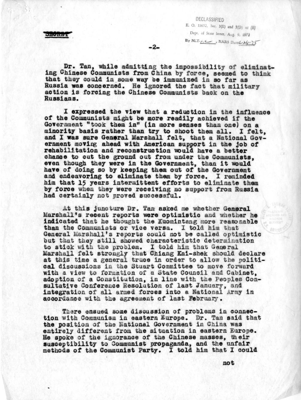 Memorandum from Will Clayton to President Harry S. Truman, with Attached Memorandum of Conversation Between Dr. Tan Shao-hwa and John Carter Vincent