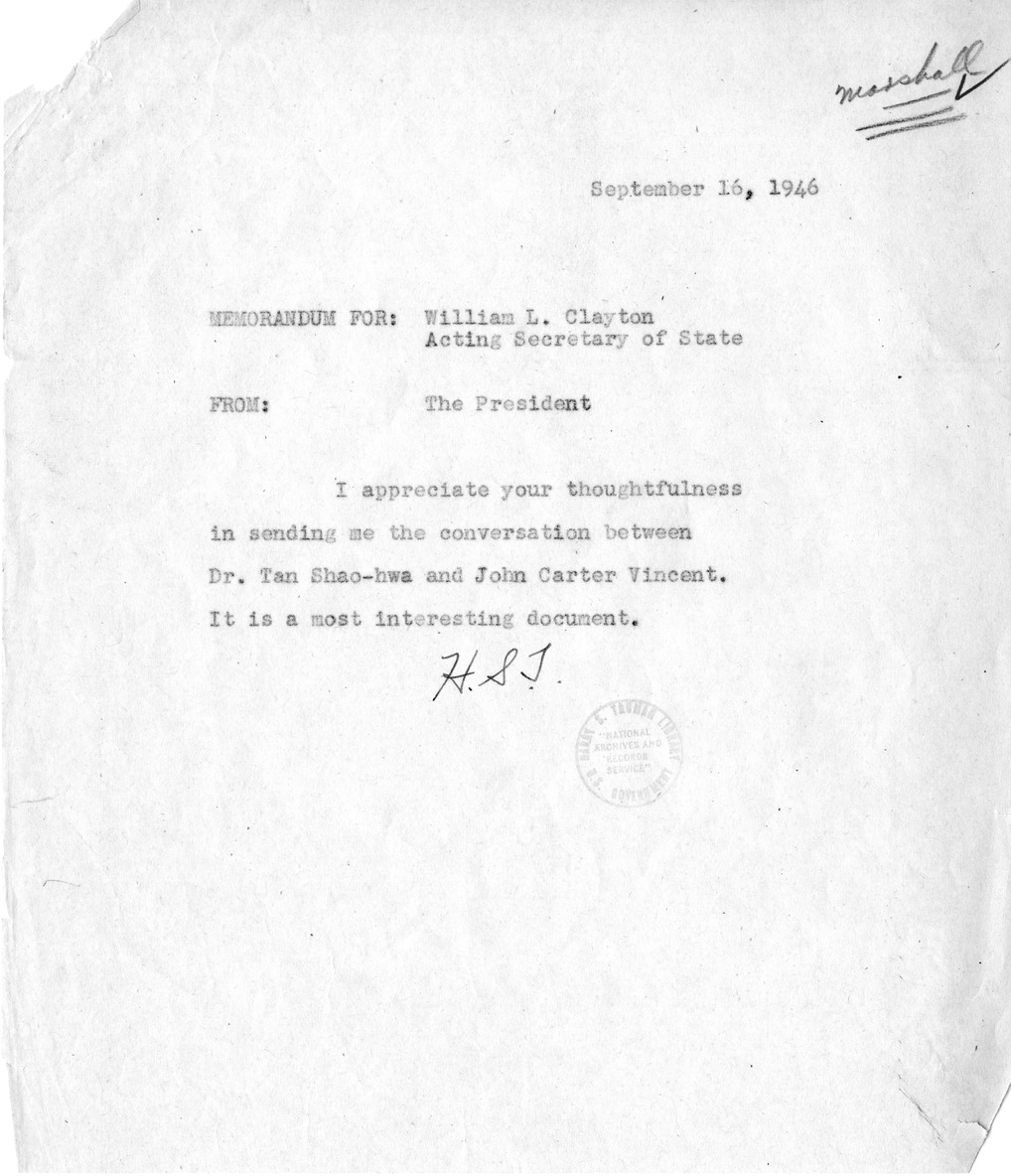 Correspondence Between Acting Secretary of State Will Clayton and President Harry S. Truman, With Attachments