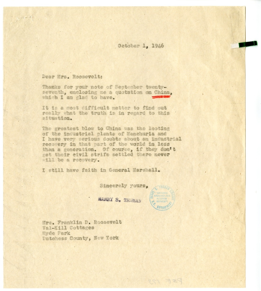 Correspondence Between President Harry S. Truman and Eleanor Roosevelt with Attachement