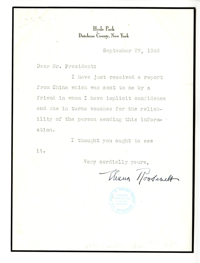 Correspondence Between President Harry S. Truman and Eleanor Roosevelt with Attachement