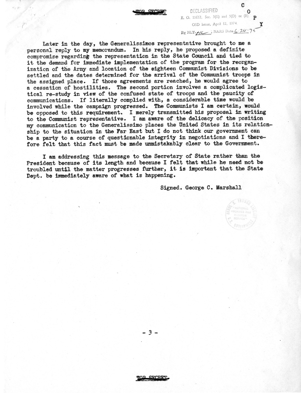 Memorandum from President Harry S. Truman to the Acting Secretary of State, with Attachments
