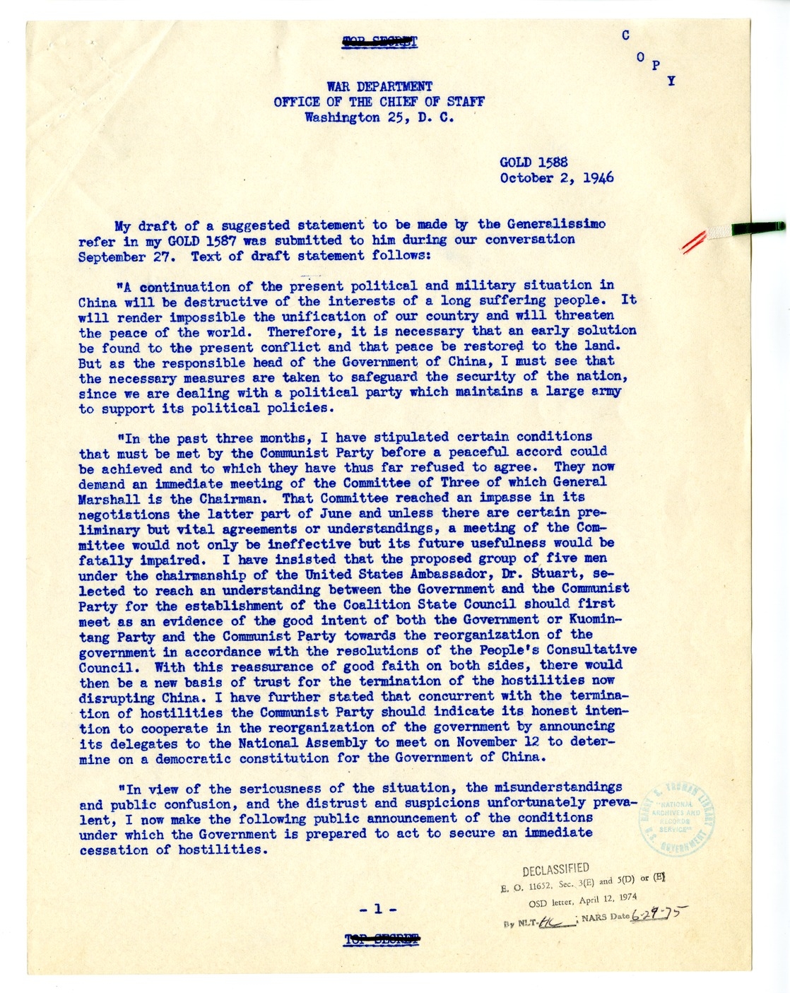 Memorandum from President Harry S. Truman to the Acting Secretary of State, with Attachments