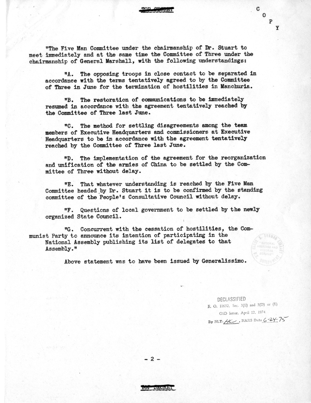 Memorandum from President Harry S. Truman to the Acting Secretary of State, with Attachments