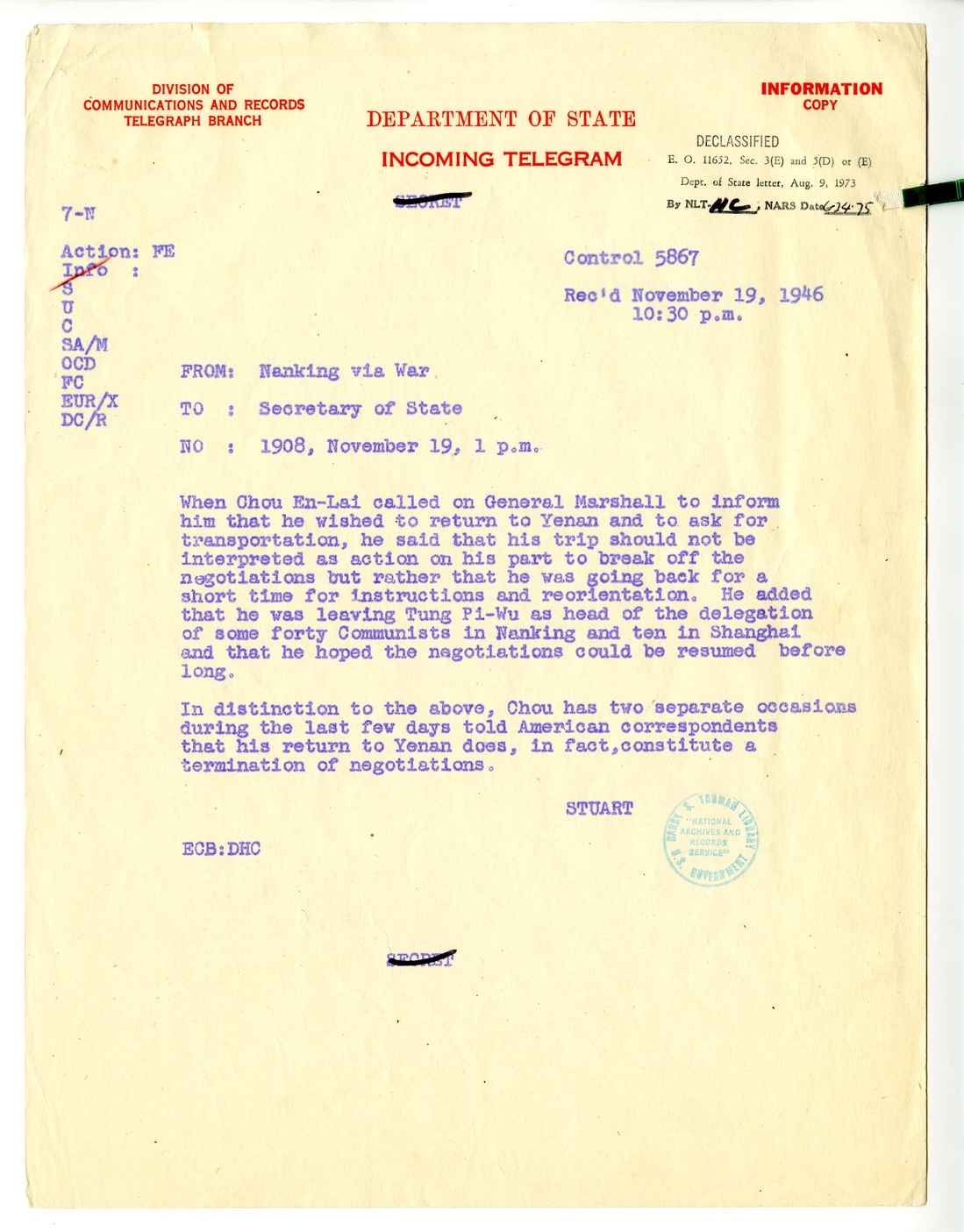 Telegram from John Leighton Stuart to the Secretary of State