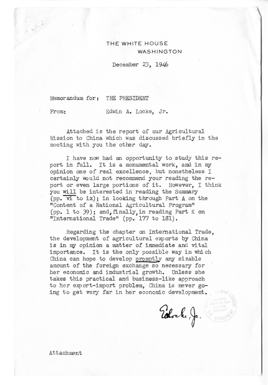 Memorandum from Edwin A. Locke to President Harry S. Truman, With Attachment