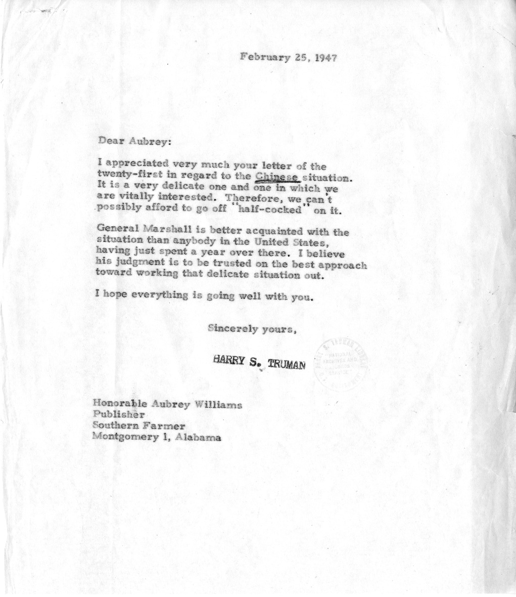 Correspondence Between President Harry S. Truman and Aubrey Williams