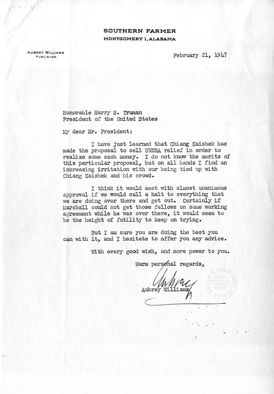 Correspondence Between President Harry S. Truman and Aubrey Williams