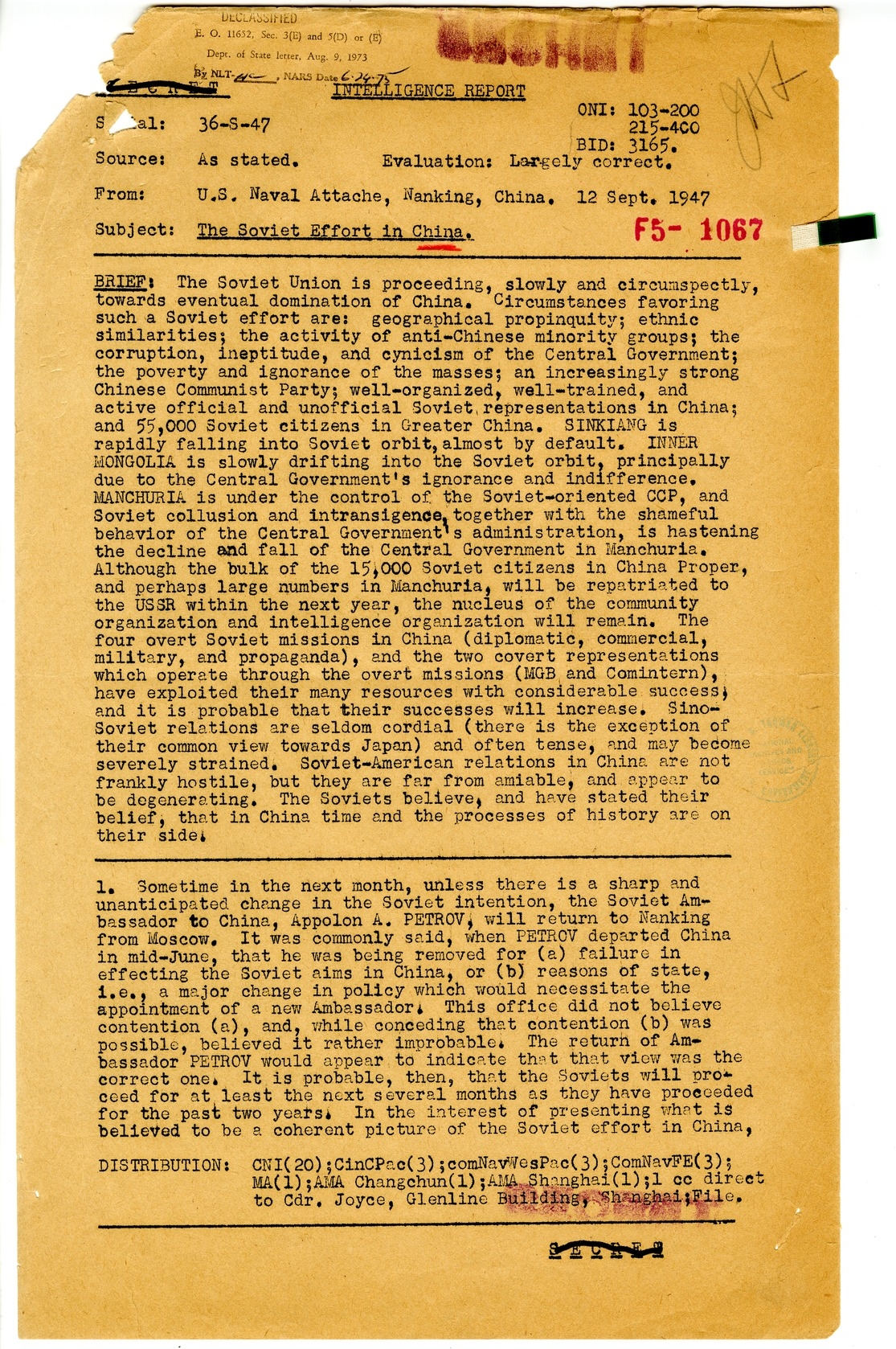 Intelligence Report from the United States Naval Attache, Nanking, China