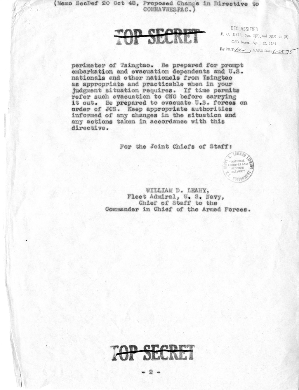 Memorandum from Admiral William Leahy to Secretary of Defense James Forrestal