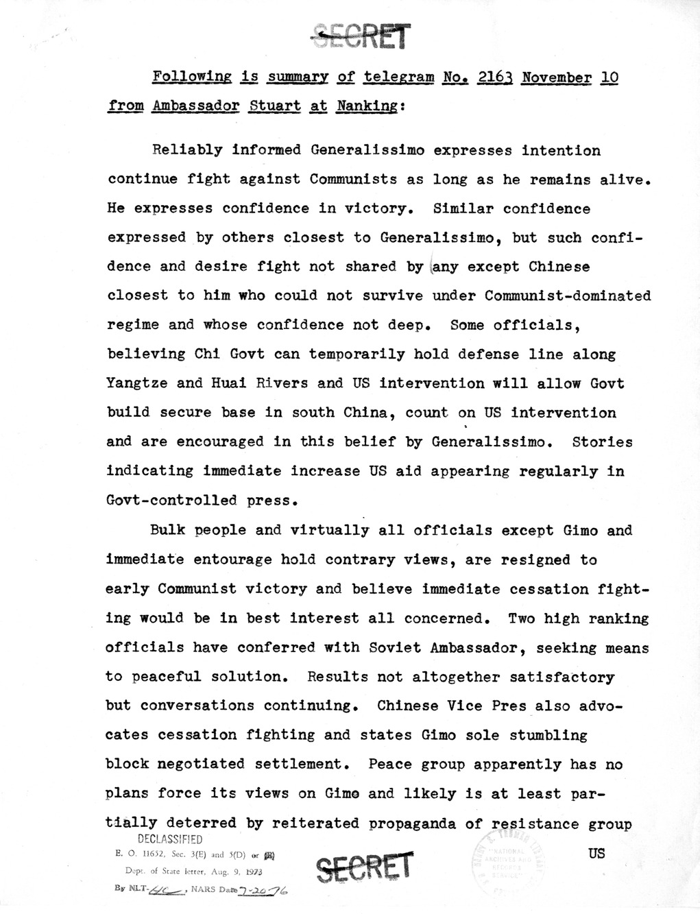 Memorandum from Walton Butterworth for the White House Signal Center, with Attachements