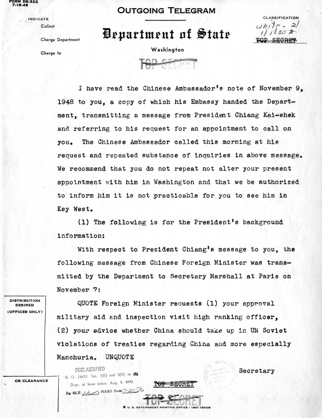 Memorandum from Robert Lovett to the White House Signal Center, with Attachment