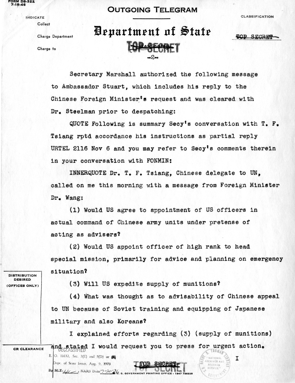 Memorandum from Robert Lovett to the White House Signal Center, with Attachment