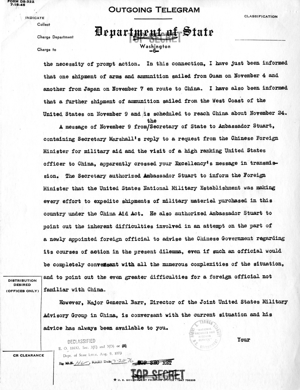 Memorandum from Robert Lovett to the White House Signal Center, with Attachment