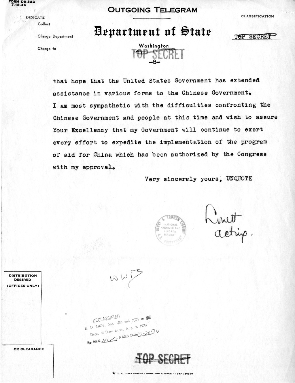 Memorandum from Robert Lovett to the White House Signal Center, with Attachment