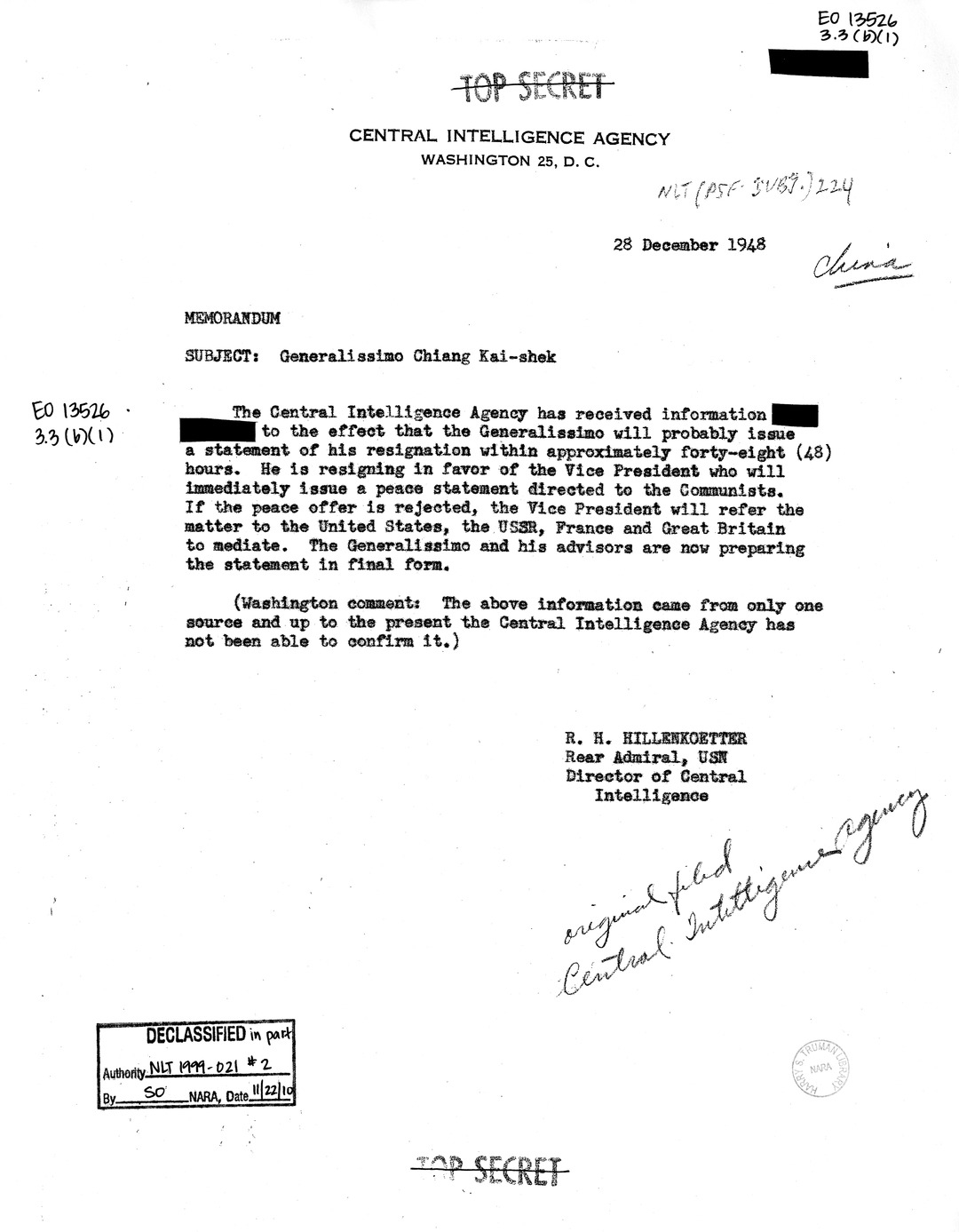 Memorandum from R.H. Hillenkoetter [Sanitized Copy]