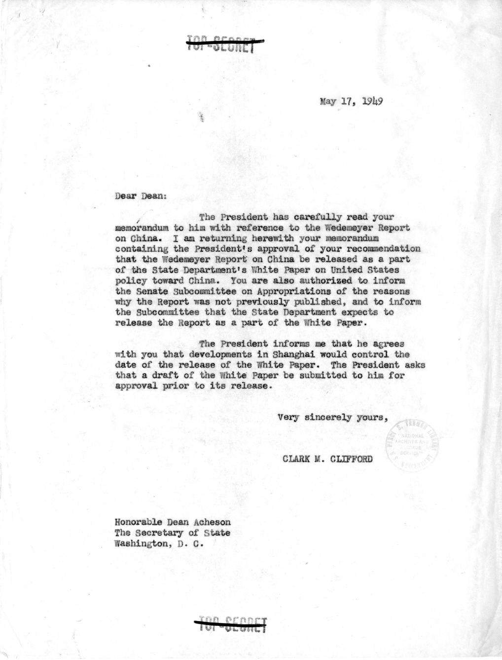 Memorandum from Clark Clifford to Secretary of State Dean Acheson, with Attachment
