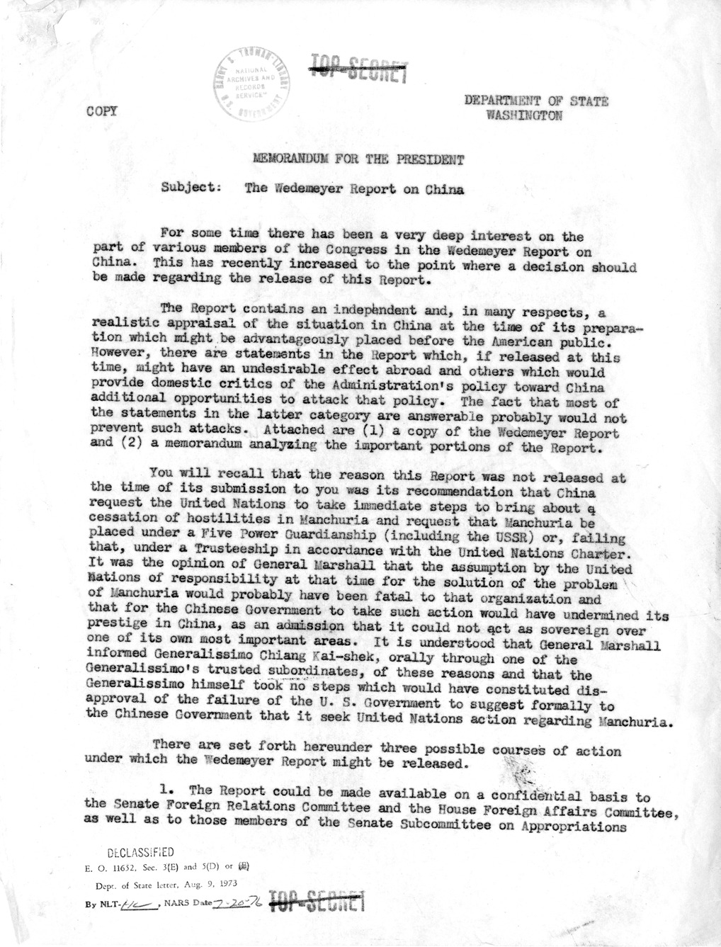Memorandum from Clark Clifford to Secretary of State Dean Acheson, with Attachment