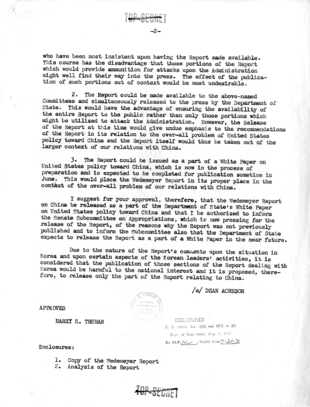 Memorandum from Clark Clifford to Secretary of State Dean Acheson, with Attachment