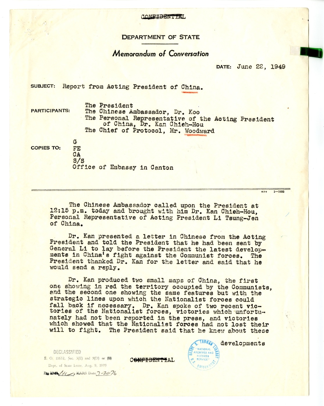 Memorandum of Conversation between President Harry S. Truman, Dr. V. K. Wellington Koo, Dr. Kan Chieh-hou, and Stanley Woodward