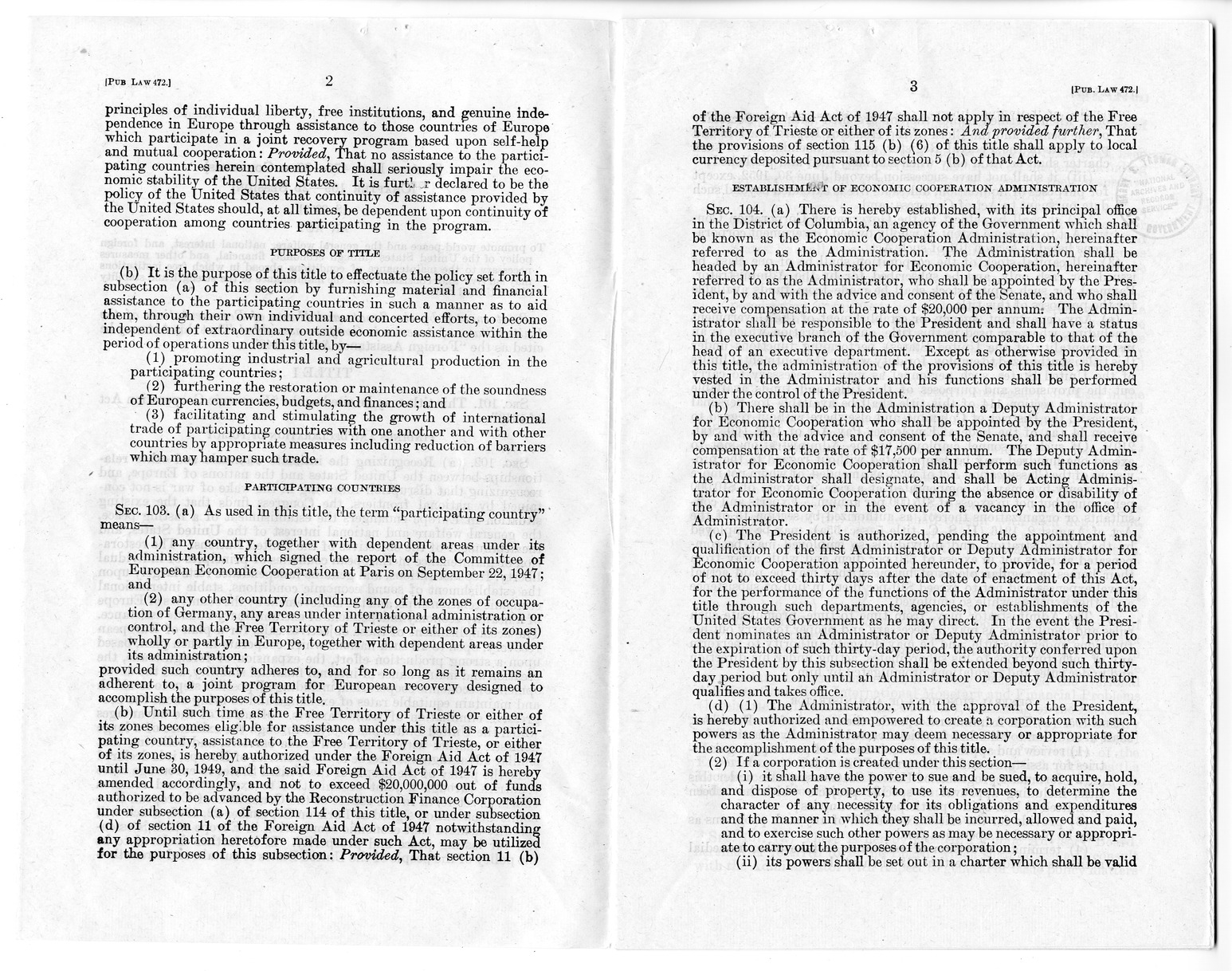 Public Law 472 - 80th Congress, The Economic Cooperation Act of 1948