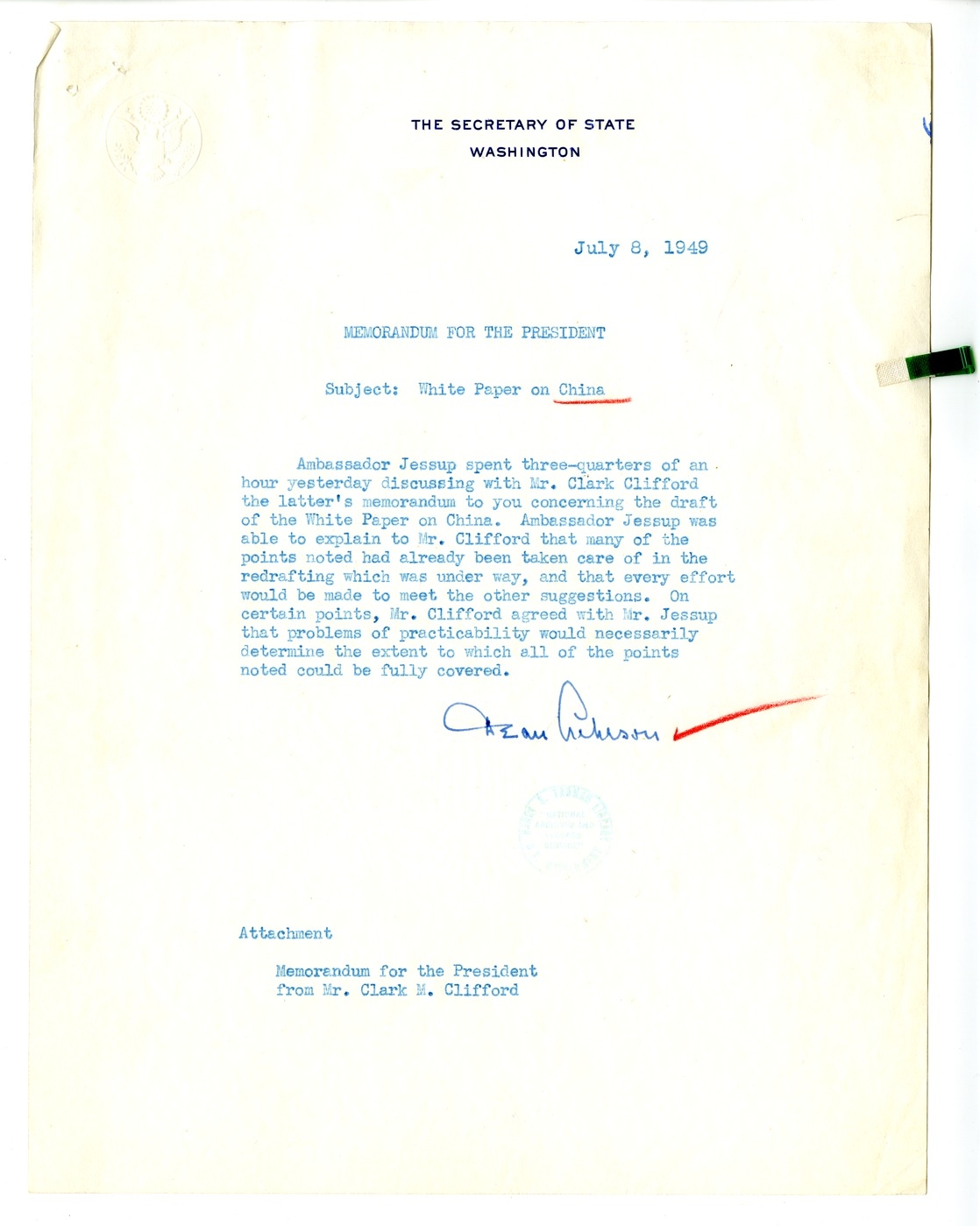 Memorandum from Secretary of State Dean Acheson to President Harry S. Truman, with Attached Memorandum from Clark Clifford