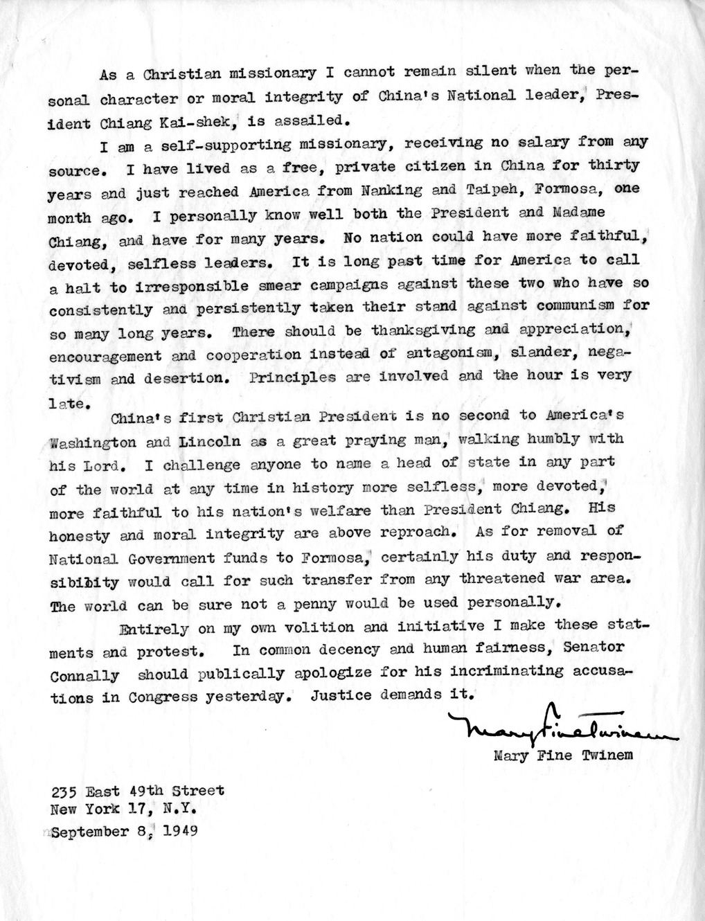 Letter from Mary Fine Twinem to President Harry S. Truman, with Attachment