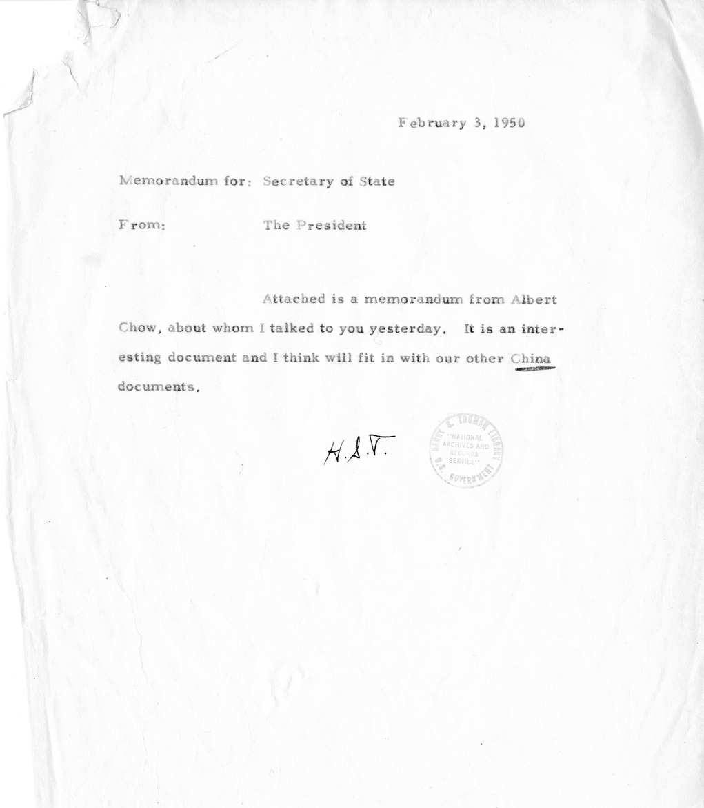 Memorandum from President Harry S. Truman to Secretary of State Dean Acheson, with Attachment
