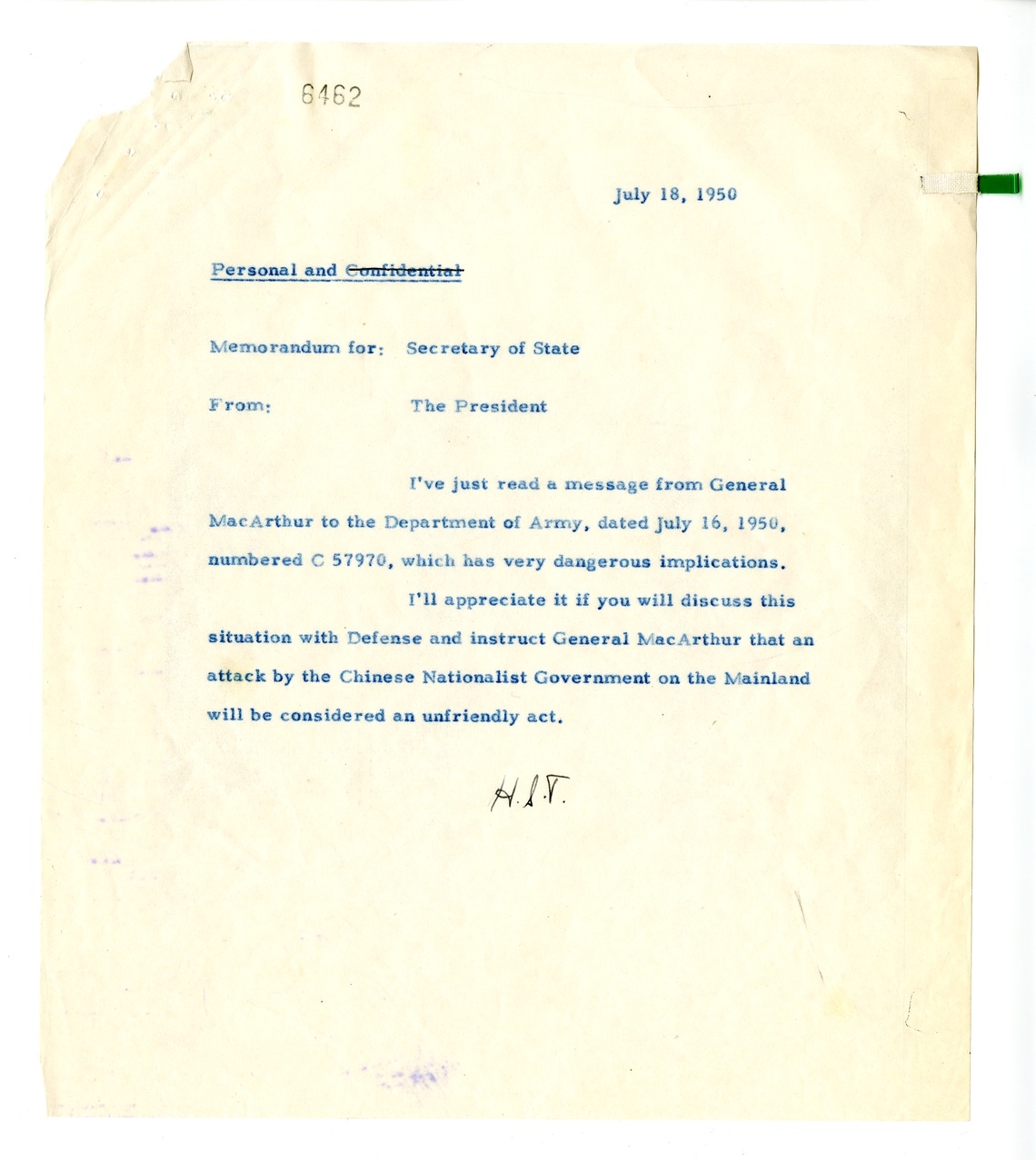 Memorandum from President Harry S. Truman to Secretary of State Dean Acheson, with Attachment