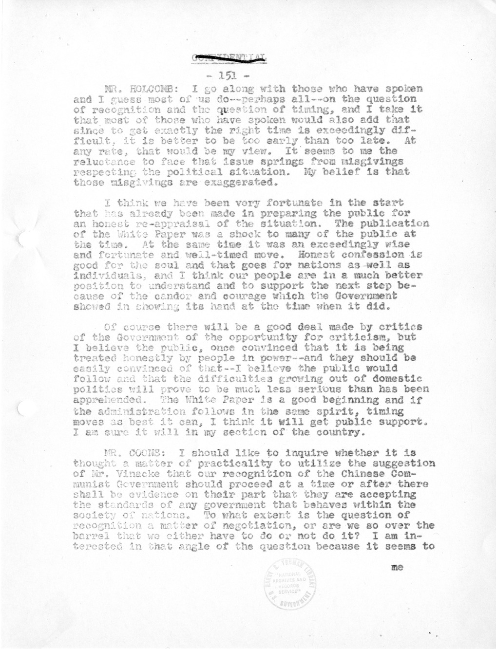 Record of Round-Table Discussion by Twenty-Five Far East Experts with the Department of State on "American Policy Toward China" [Part 2]