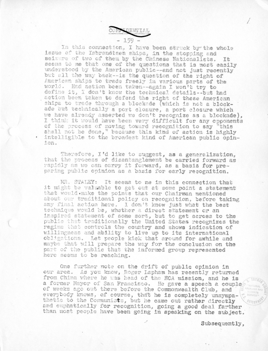 Record of Round-Table Discussion by Twenty-Five Far East Experts with the Department of State on "American Policy Toward China" [Part 2]
