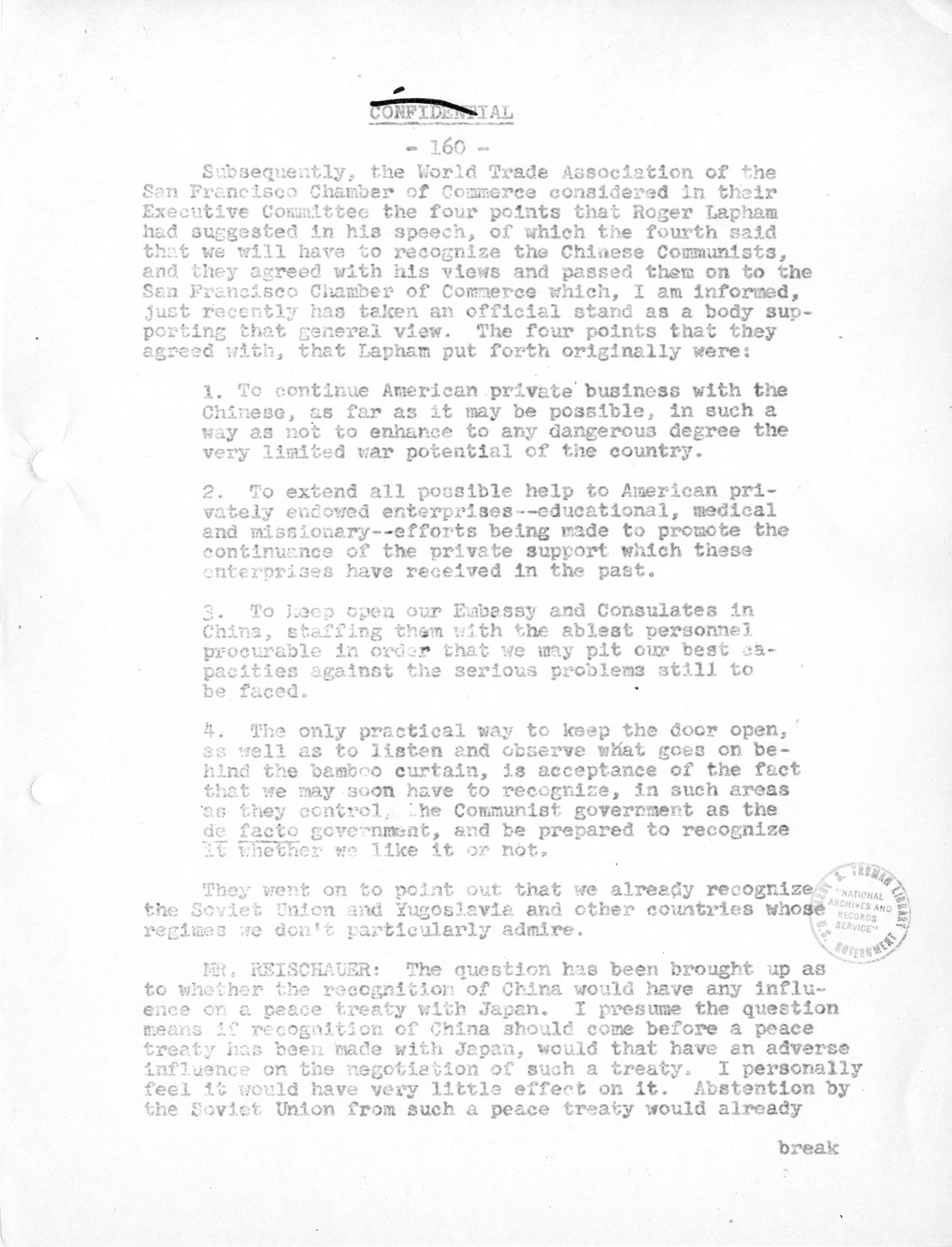 Record of Round-Table Discussion by Twenty-Five Far East Experts with the Department of State on "American Policy Toward China" [Part 2]