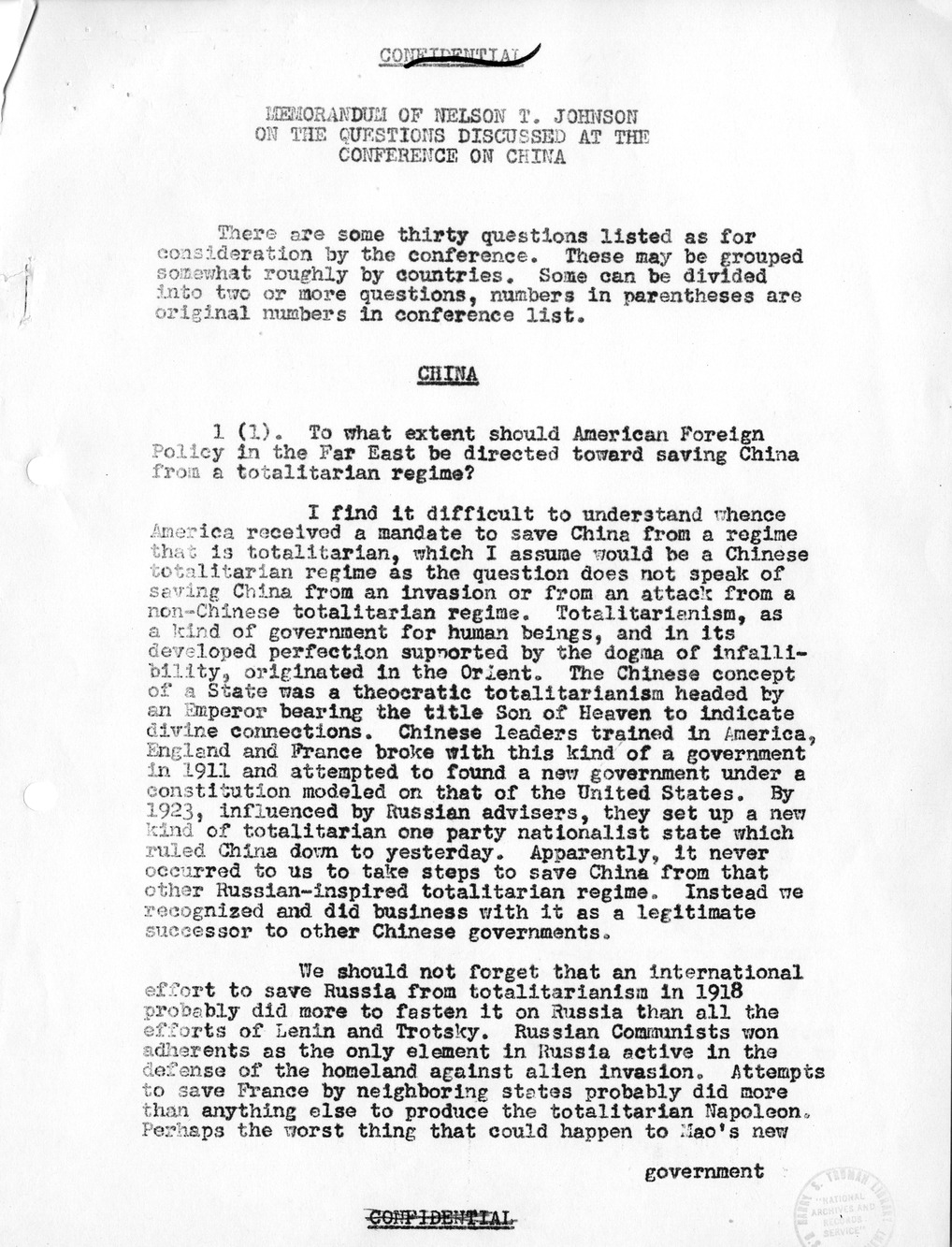 Record of Round-Table Discussion by Twenty-Five Far East Experts with the Department of State on "American Policy Toward China" [Part 2]