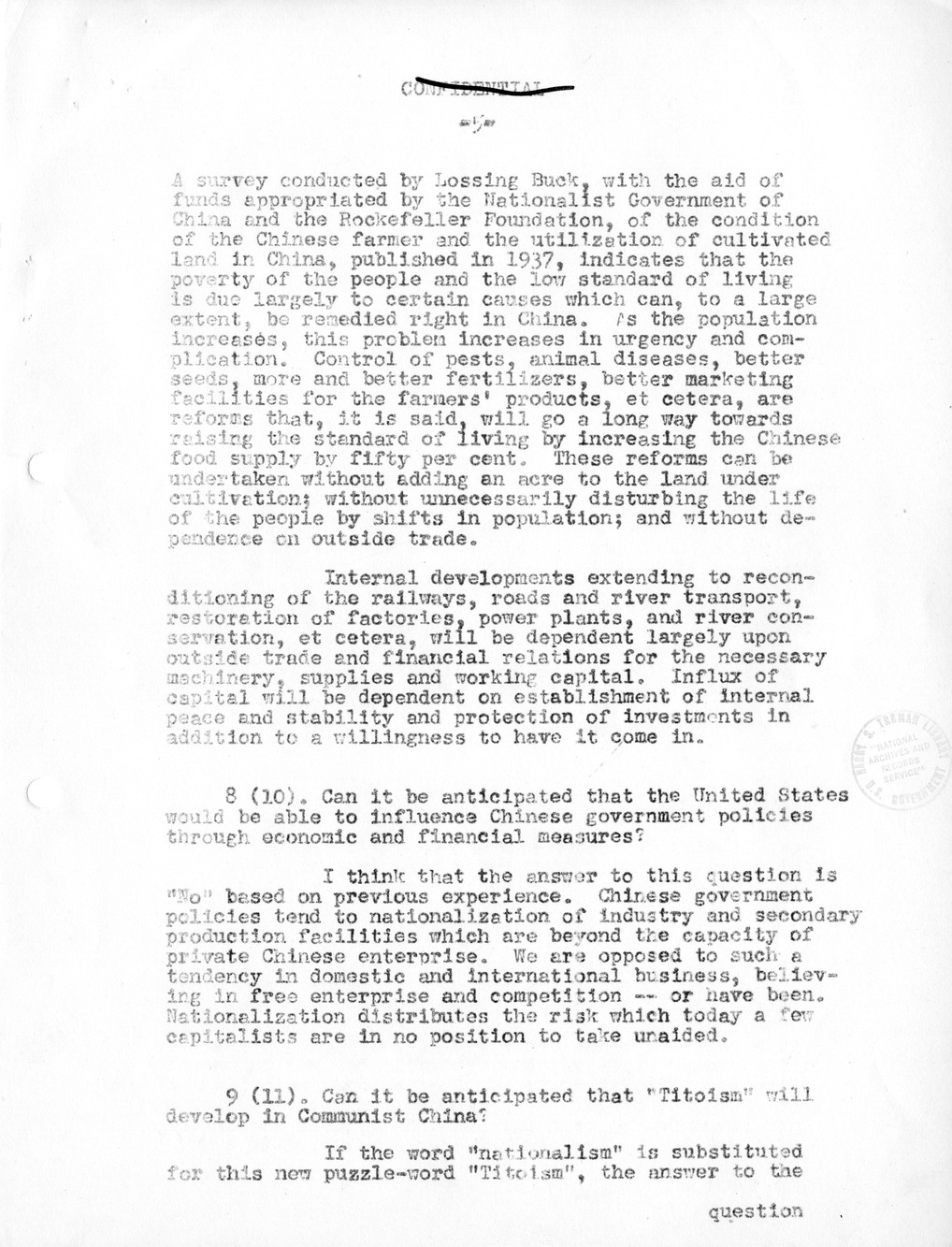 Record of Round-Table Discussion by Twenty-Five Far East Experts with the Department of State on "American Policy Toward China" [Part 2]