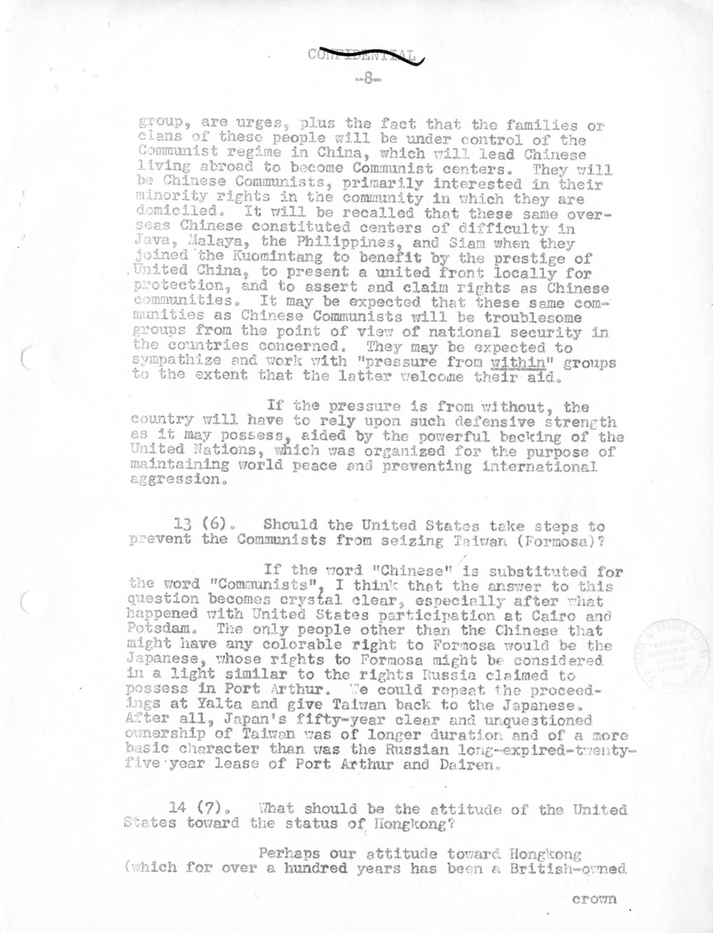 Record of Round-Table Discussion by Twenty-Five Far East Experts with the Department of State on "American Policy Toward China" [Part 2]