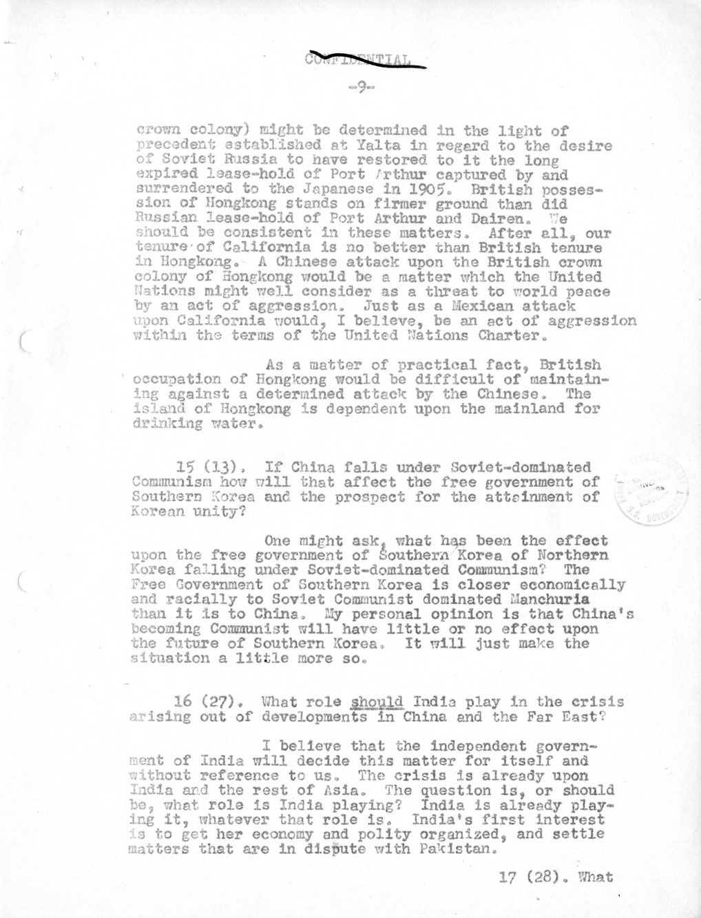 Record of Round-Table Discussion by Twenty-Five Far East Experts with the Department of State on "American Policy Toward China" [Part 2]