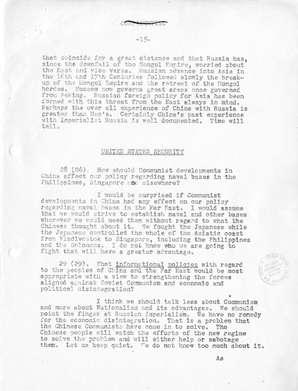 Record of Round-Table Discussion by Twenty-Five Far East Experts with the Department of State on "American Policy Toward China" [Part 2]