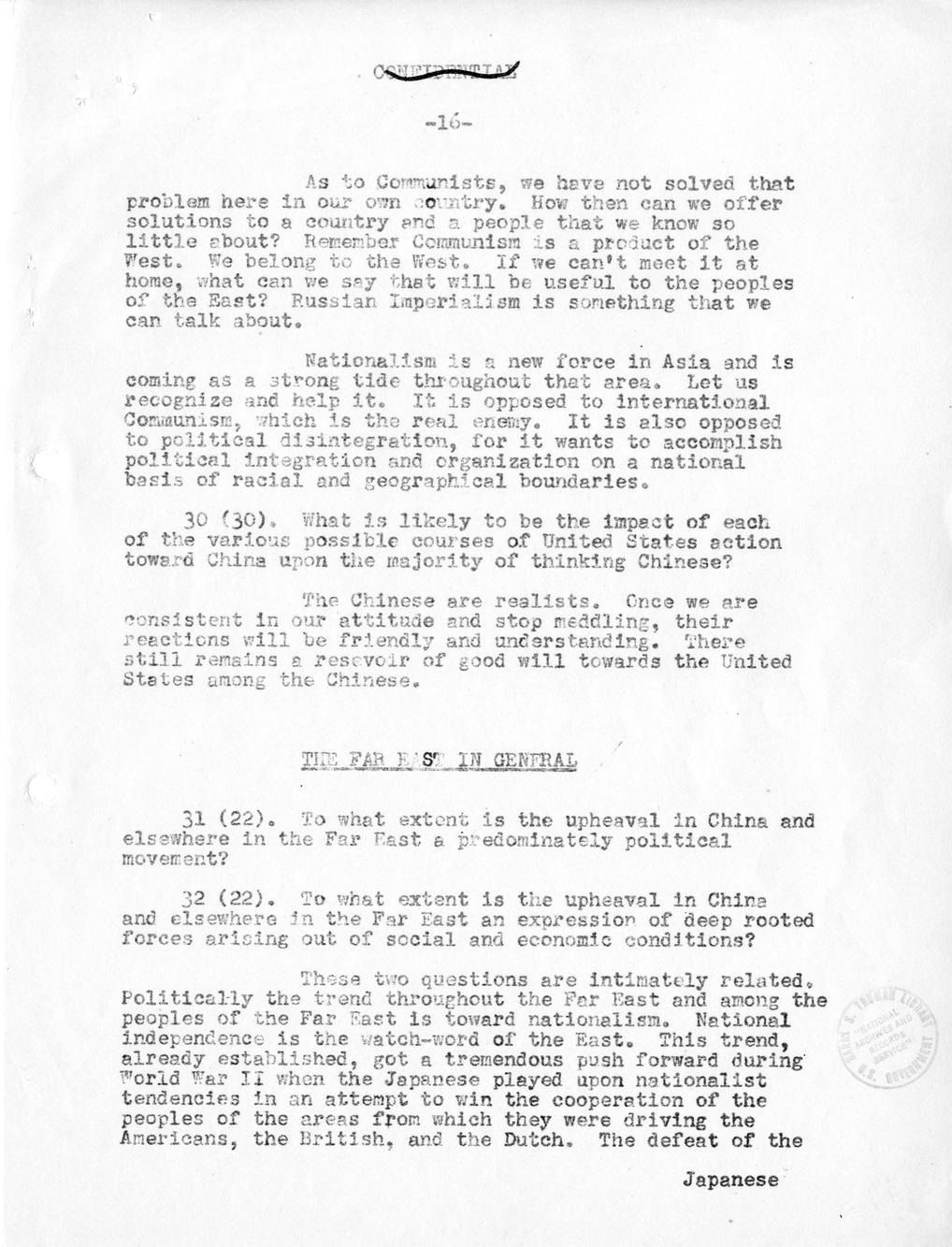 Record of Round-Table Discussion by Twenty-Five Far East Experts with the Department of State on "American Policy Toward China" [Part 2]