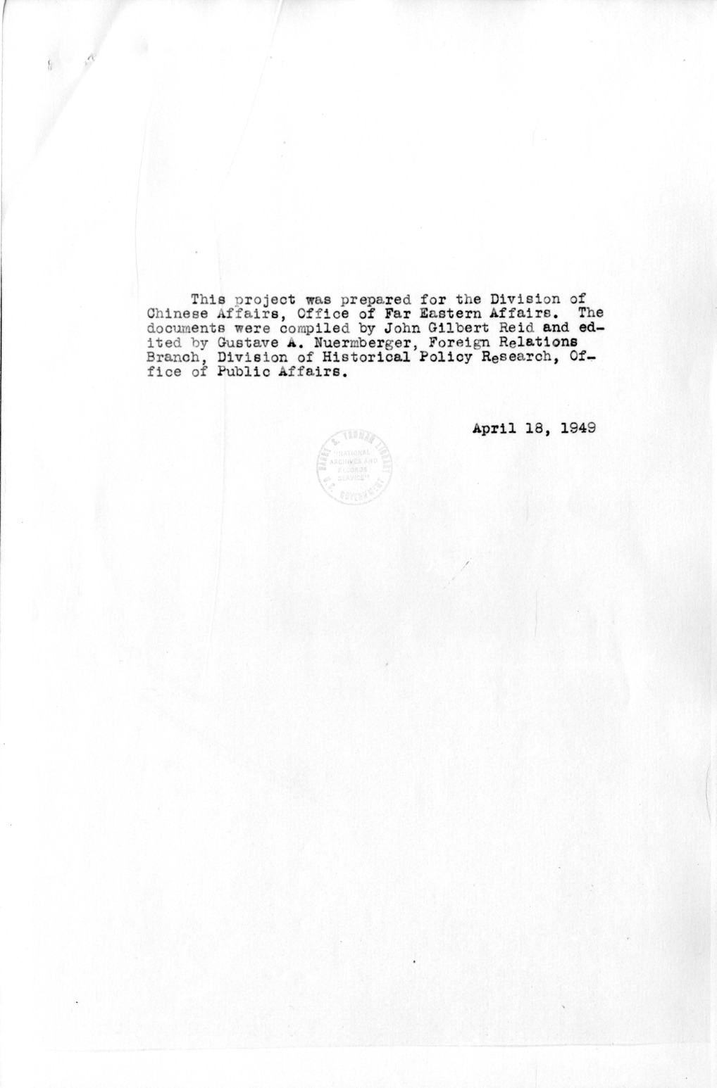 Title Page and Table of Contents, Documents on Diplomatic Aspects of Efforts by the United States to Supply China with Materials of War Under the Lend-Lease Act, 1940-1947 / Part I (1940-1941)