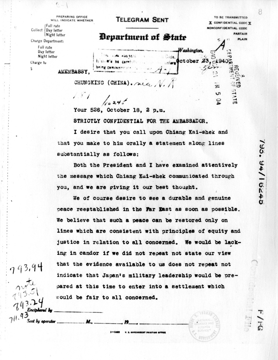 Department of State Telegram from Secretary of State Cordell Hull to Ambassador Nelson T. Johnson