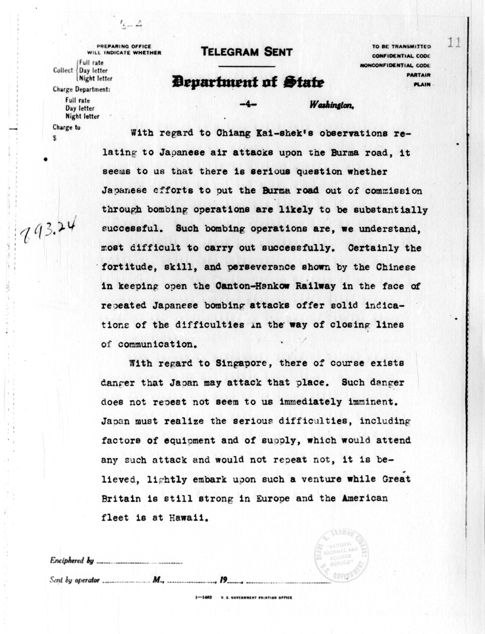 Department of State Telegram from Secretary of State Cordell Hull to Ambassador Nelson T. Johnson