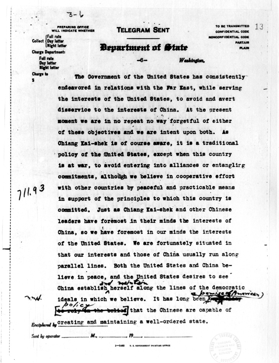 Department of State Telegram from Secretary of State Cordell Hull to Ambassador Nelson T. Johnson