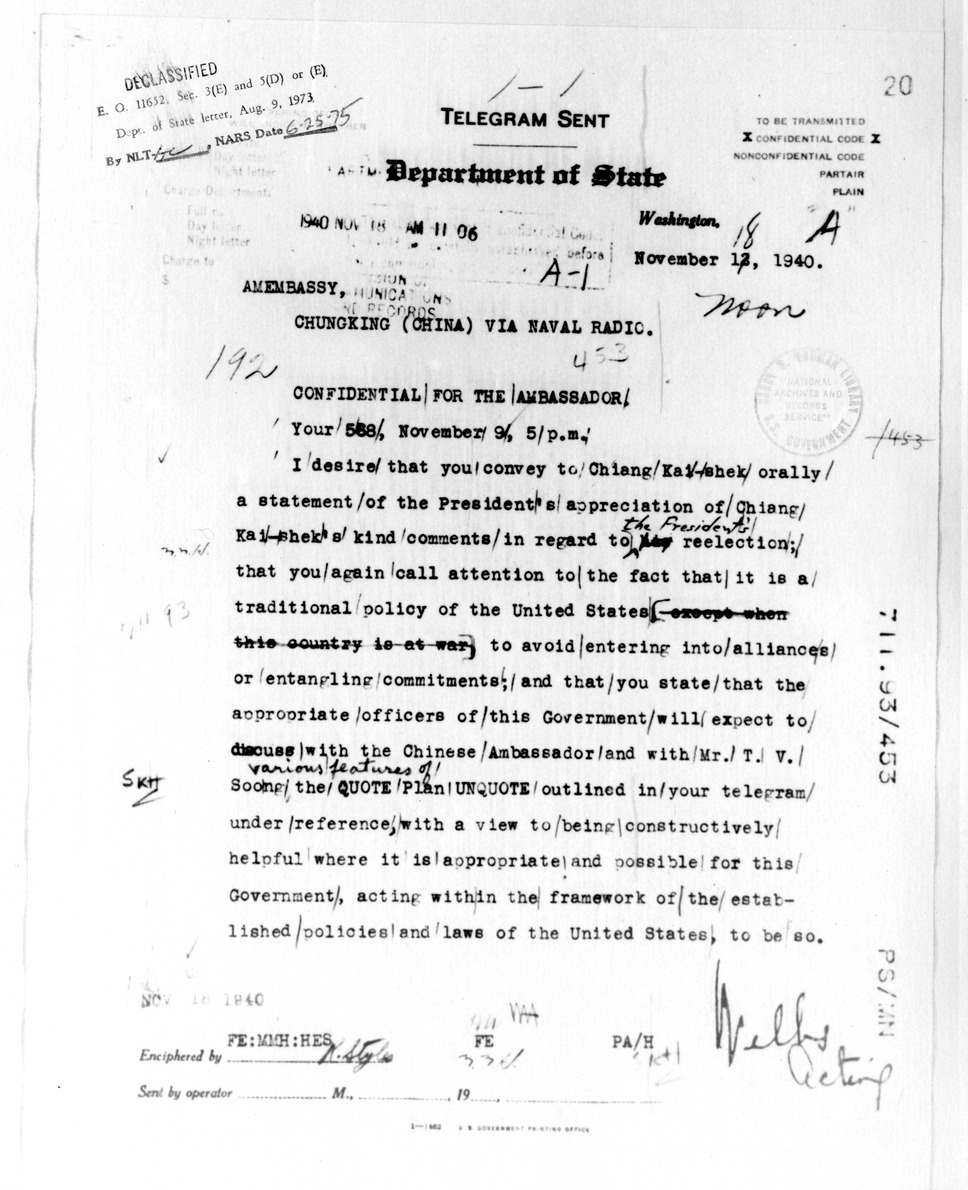 Department of State Telegram from Sumner Welles to Nelson T. Johnson