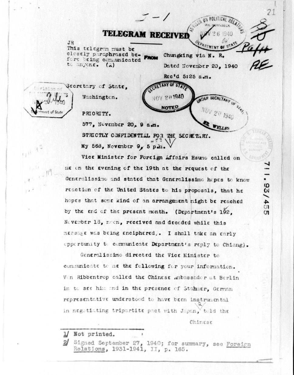 Telegram from Ambassador Nelson T. Johnson to Secretary of State Cordell Hull