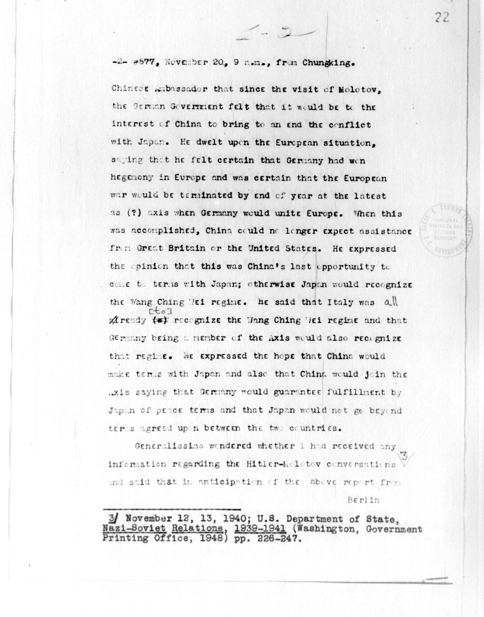 Telegram from Ambassador Nelson T. Johnson to Secretary of State Cordell Hull